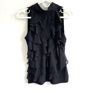 WHBM SLEEVELESS BLACK BLOUSE NECK BOW FRONT RUFFLES LINED STRETCH